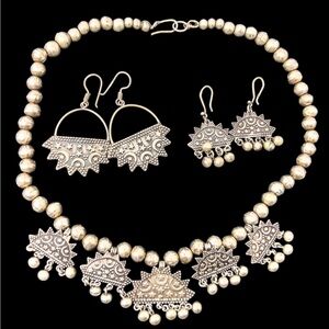 Egyptian Revival Stars Crescent Moon 800 Silver Necklace And Earrings 62.9g